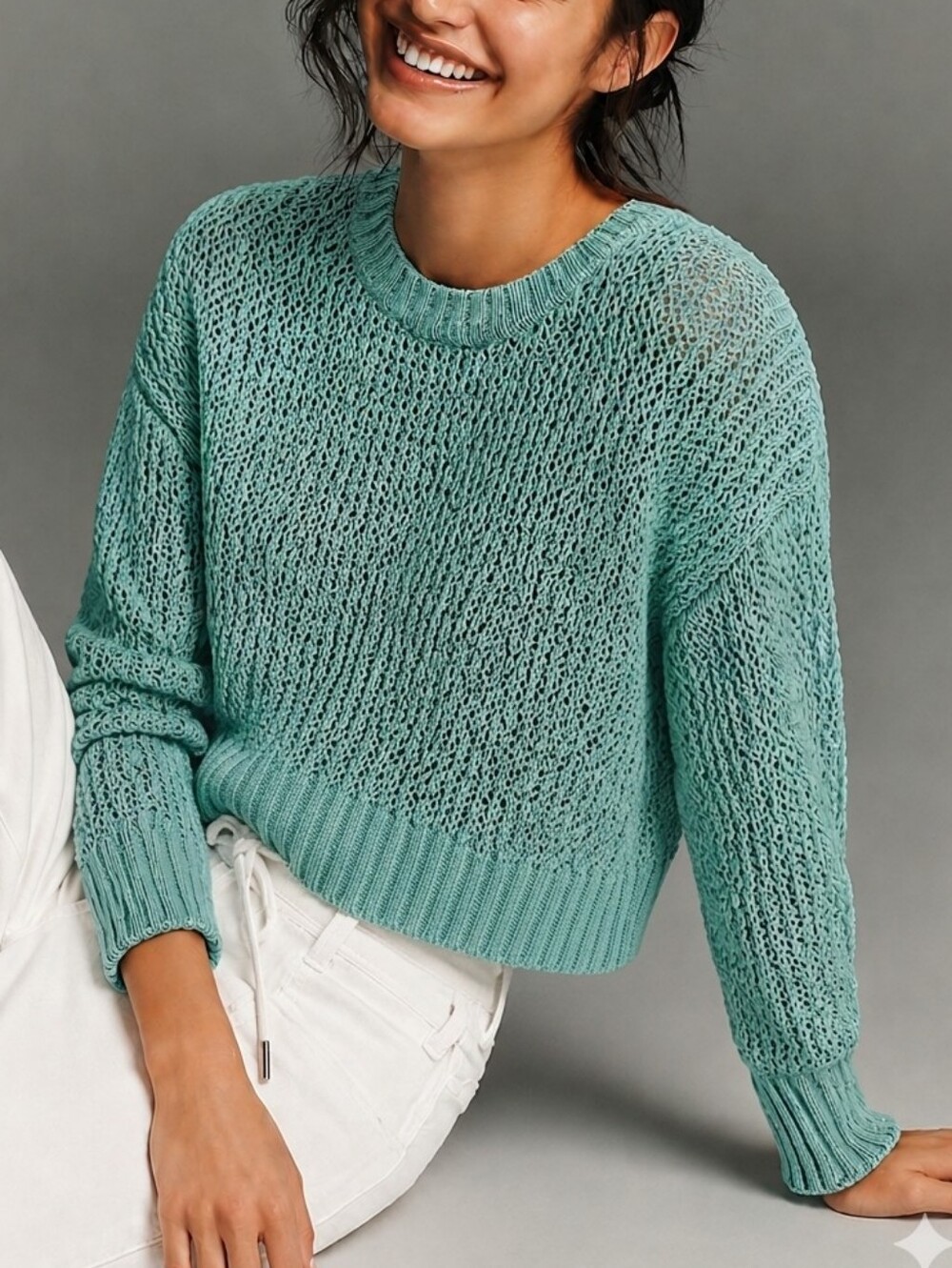 Esprit Open Knit Sweater XS Womens Aqua Blue Green Cropped Ribbed Crochet Cotton